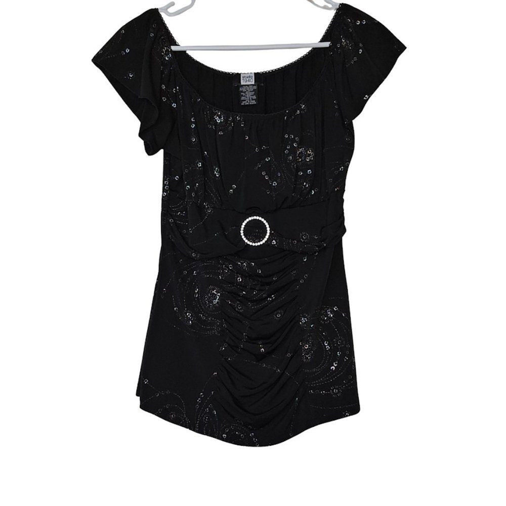 Studio 1940 Black Bling Rhinestone Accent Front Belted Scoop Neck Women's Small